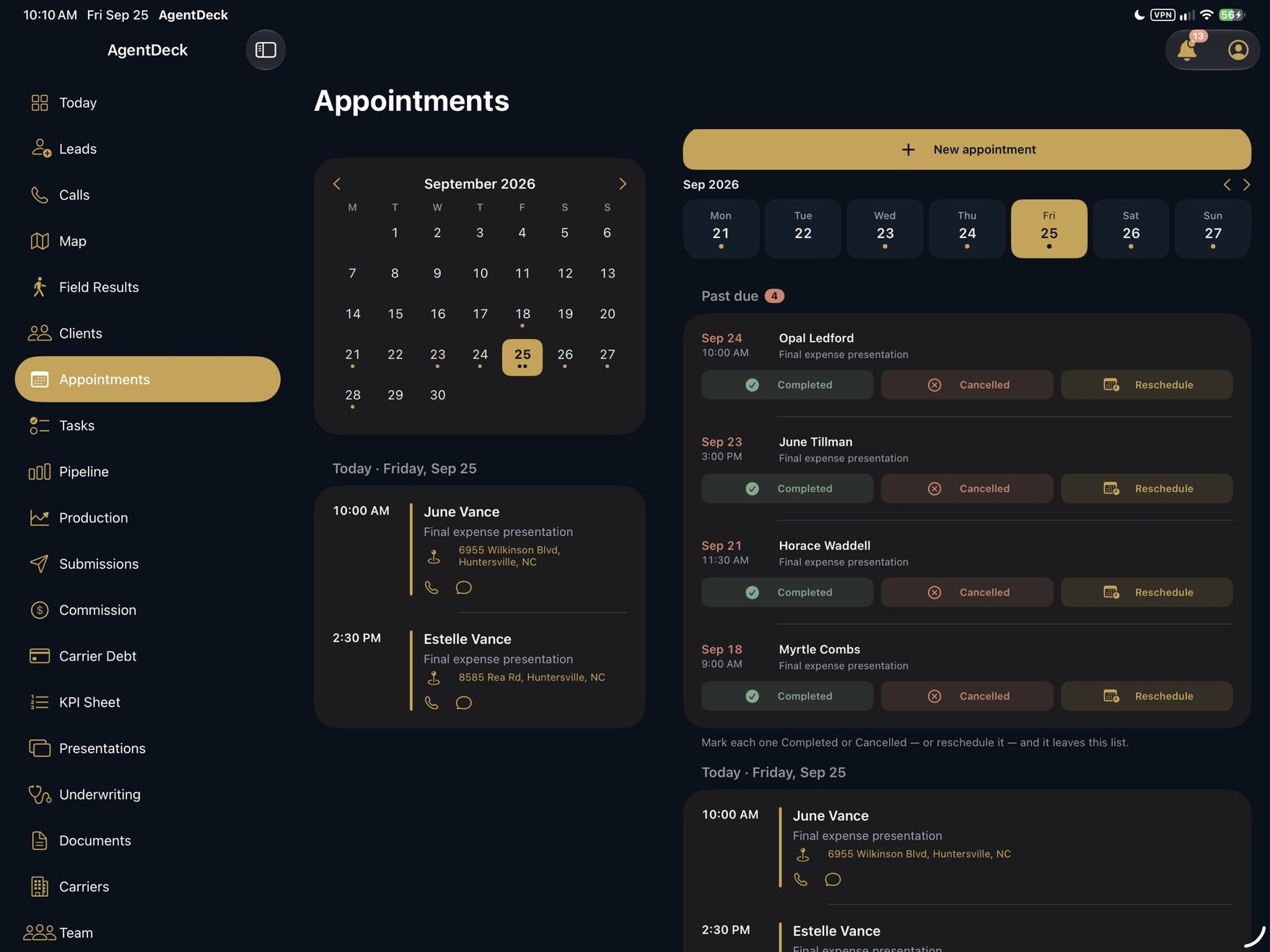 AgentDeck on iPad: appointments calendar and past-due list