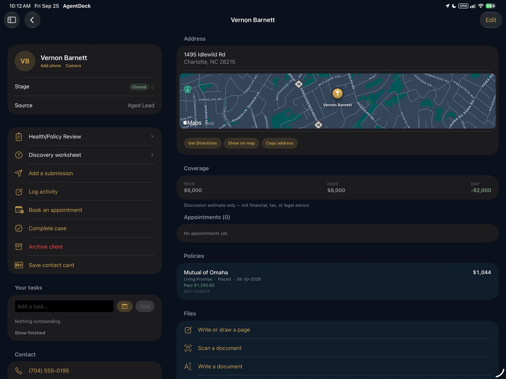 AgentDeck on iPad: a client file with map, coverage and policies