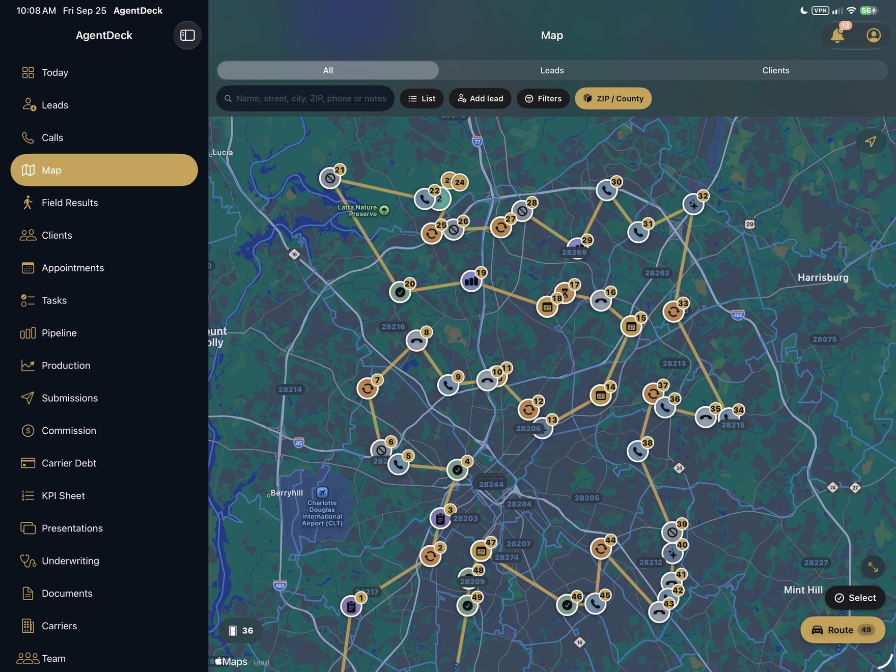 AgentDeck on iPad: map with a route through numbered stops