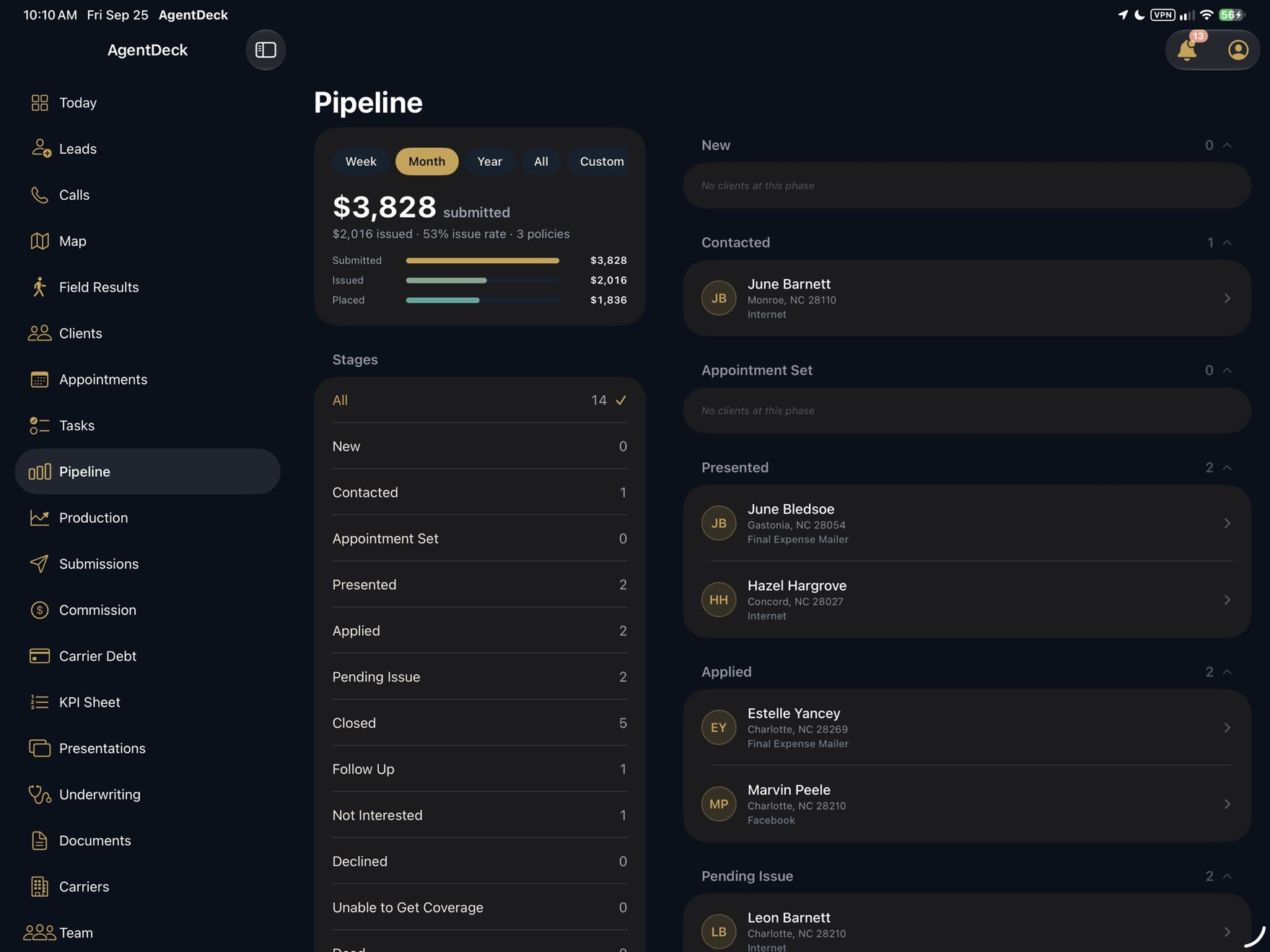 AgentDeck on iPad: pipeline by stage