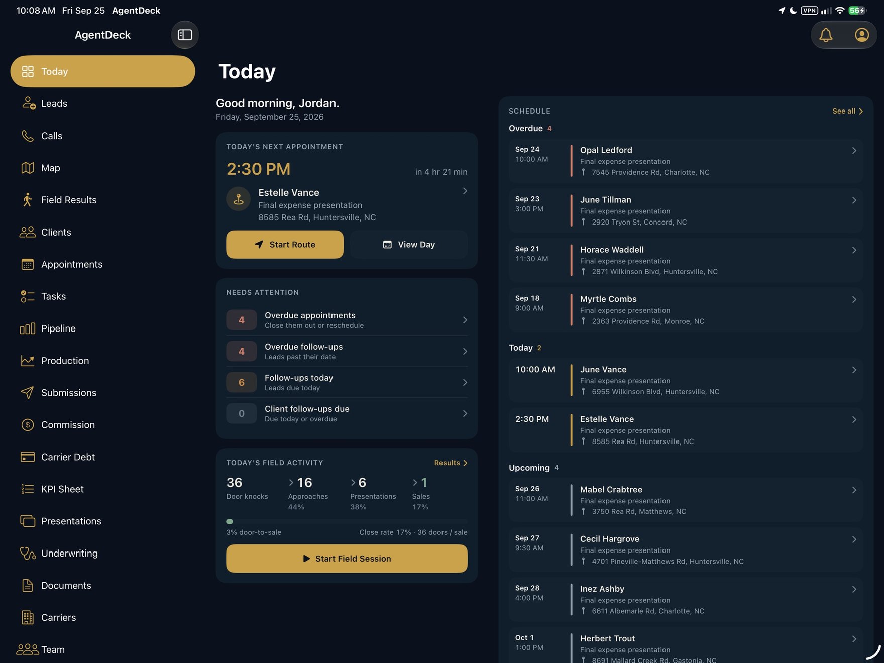 AgentDeck on iPad: Today, with the week's schedule beside it