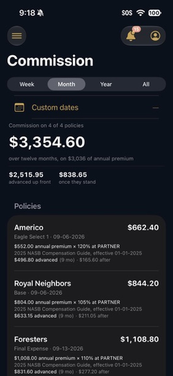 AgentDeck commission breakdown by policy