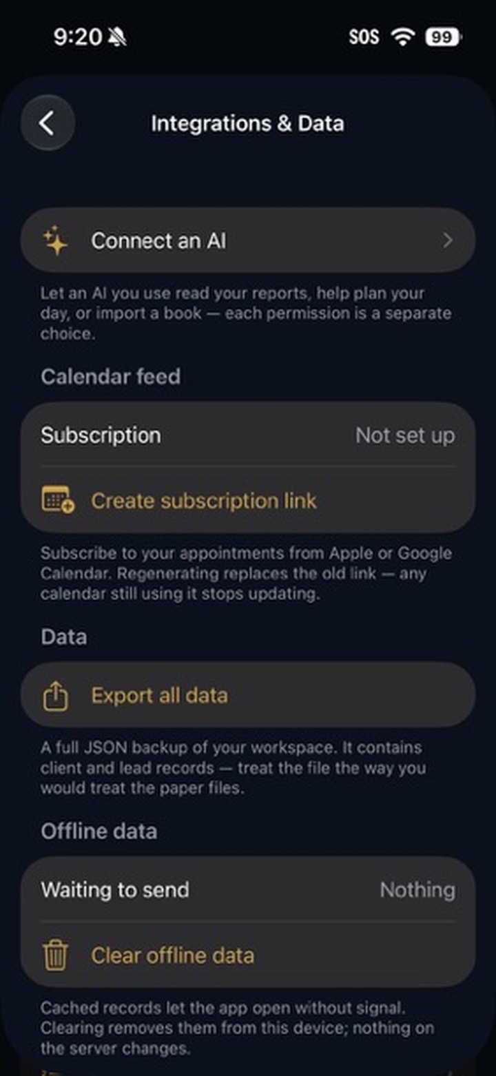 AgentDeck Integrations and Data screen with Connect an AI, calendar feed and offline data