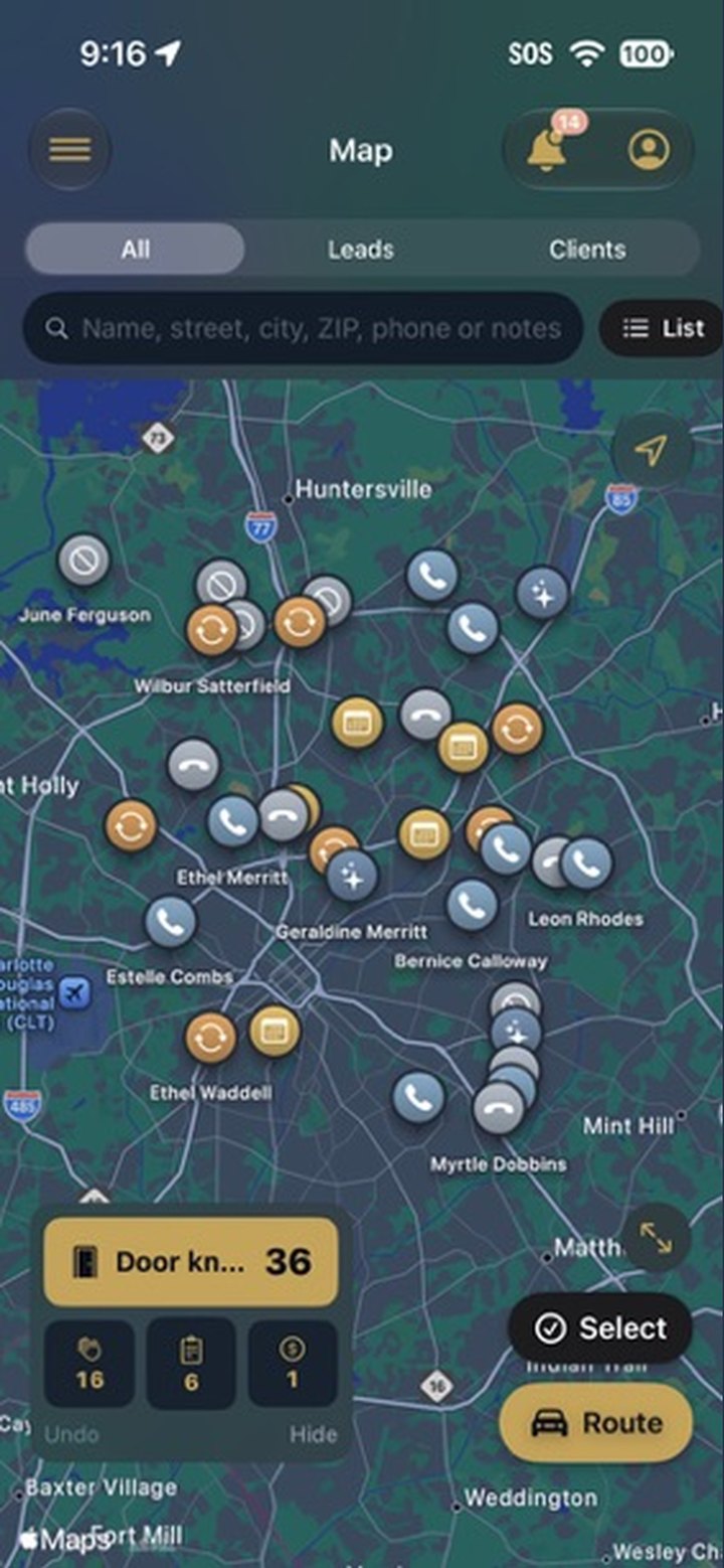 AgentDeck map of leads with color-coded pins