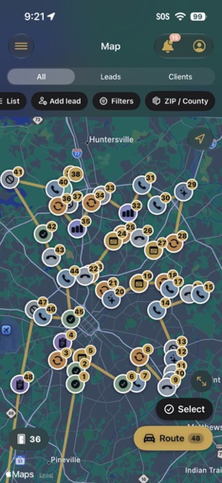 AgentDeck map with a planned route through numbered stops