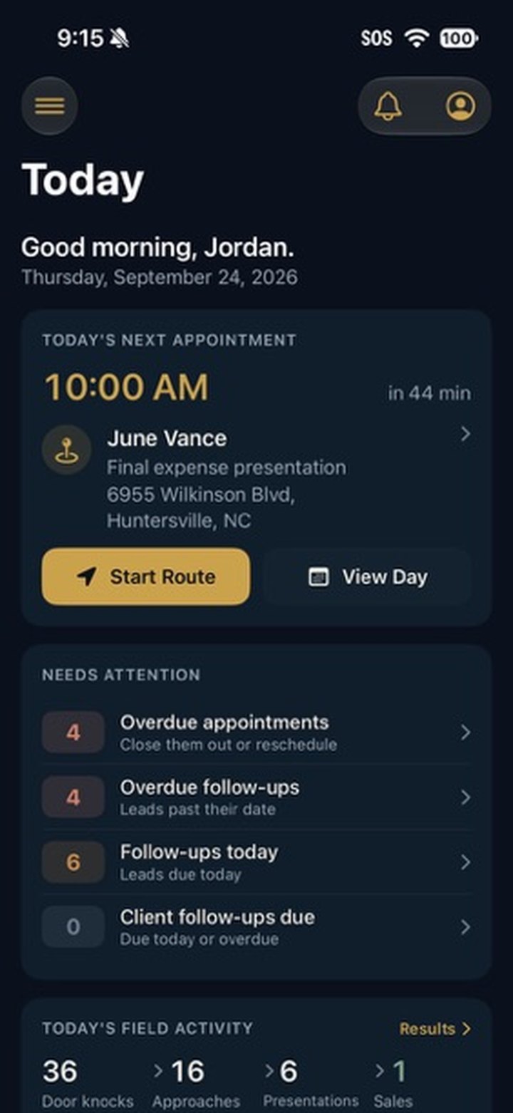 AgentDeck Today screen: next appointment, items that need attention and today's field activity